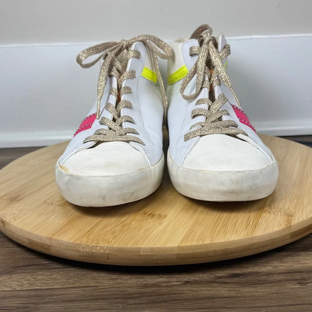 Nine West High Top Sneakers Womens 9 White Neon Pink Yellow Silver Heel Good 80
